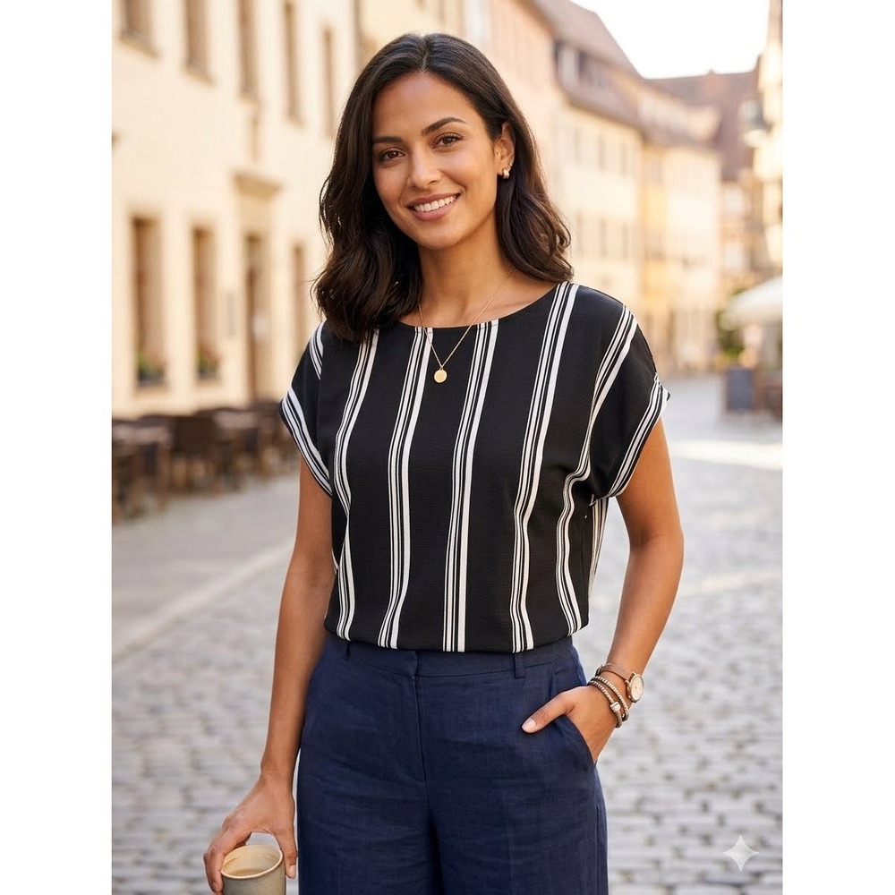 Ann Taylor Factory Black White Striped Cap Sleeve Blouse Top Medium